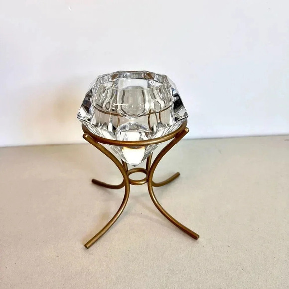 Vintage PartyLite Clear Heavy Glass Tealight Candle Holder Diamond on Gold Stand - Picture 1 of 14
